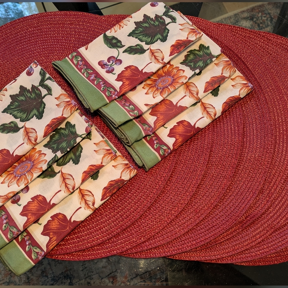 Table Settings For 8. Floral Cloth Napkins and Burgundy Placemats.